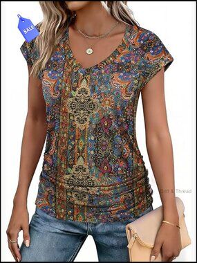 Ruched V-Neck Cap Sleeve Tunic Top Side Shirring Summer Work Casual